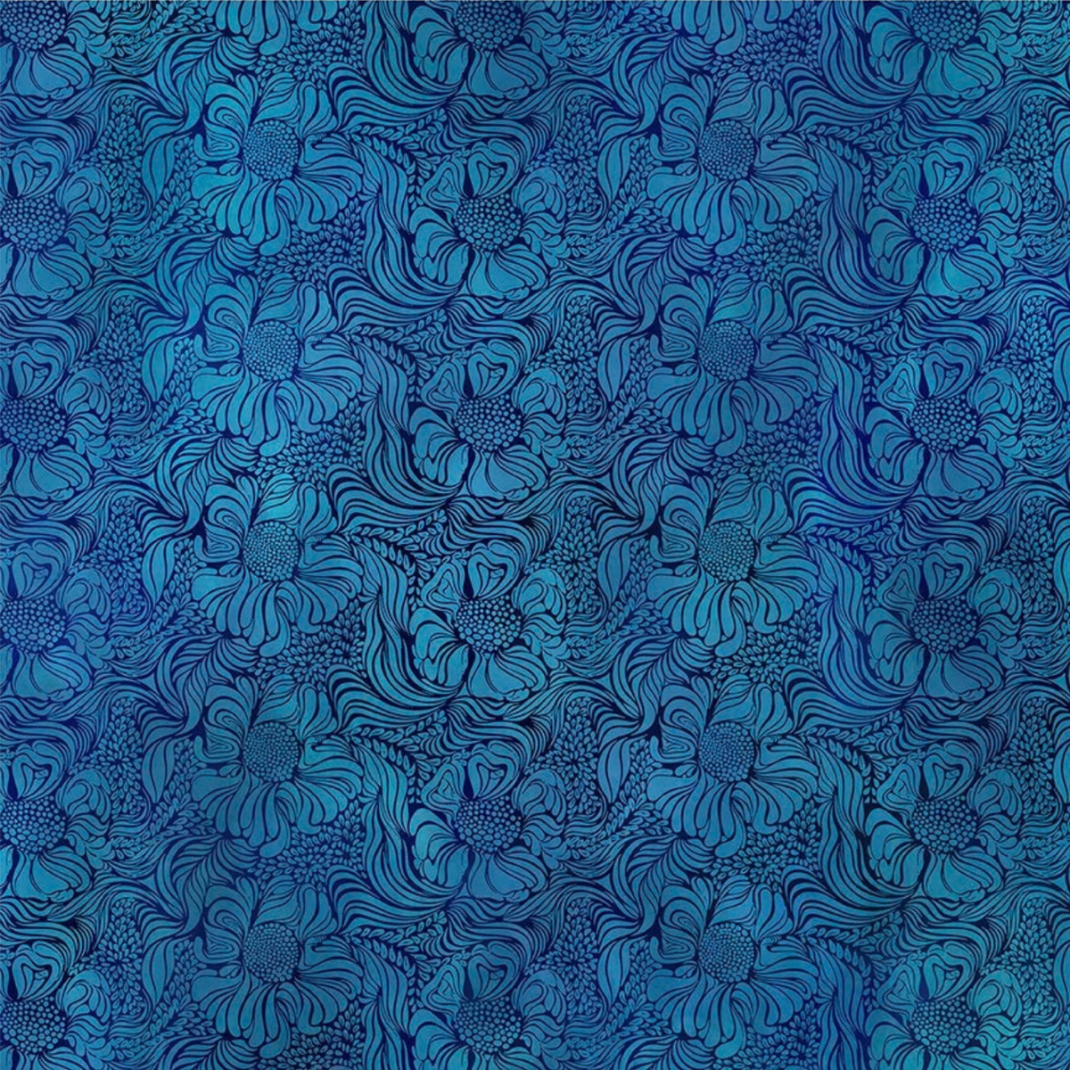 Fabric design featuring a repeating blue floral pattern with swirling leaf-like outlines and dotted accents, filling the entire frame.