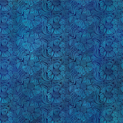 Fabric design featuring a repeating blue floral pattern with swirling leaf-like outlines and dotted accents, filling the entire frame.