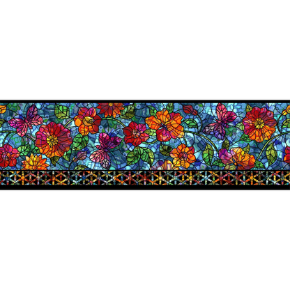 A horizontal fabric strip featuring a stained-glass-style floral border with colorful flowers, green leaves, and an ornate repeating pattern along the bottom.