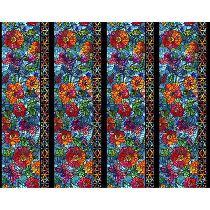 Fabric with four stripes featuring a repeating stained-glass-style floral pattern, large multicolored flowers, green leaves, butterflies, and narrow decorative borders, set against a blue background.