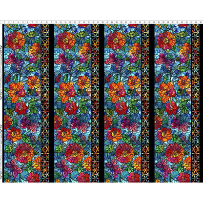 Fabric with four stripes featuring a repeating stained-glass-style floral pattern, large multicolored flowers, green leaves, butterflies, and narrow decorative borders, set against a blue background. Ruler across the top for scale.