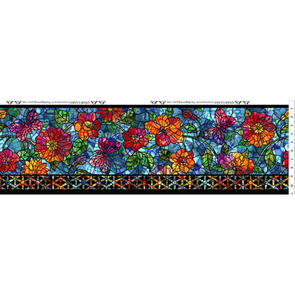 A horizontal fabric strip featuring a stained-glass-style floral border with colorful flowers, green leaves, and an ornate repeating pattern along the bottom. Ruler on the right for scale.