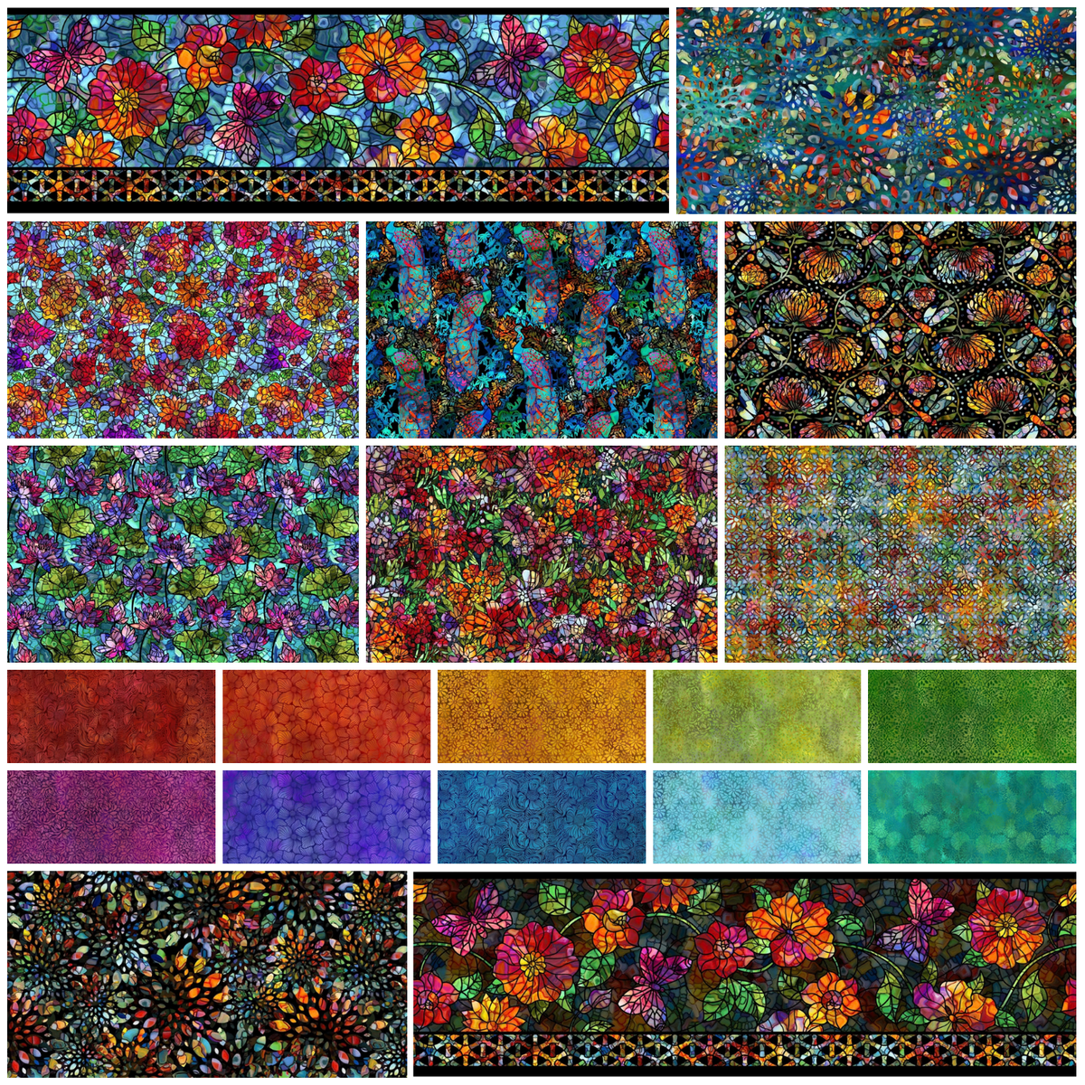 A collage of multiple fabric pattern swatches featuring dense stained-glass floral and geometric prints in many bright colors.