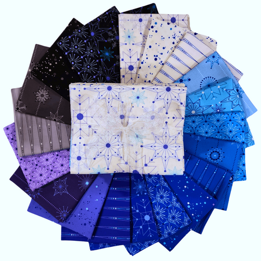 Deco Frost Fat Quarter Bundle contains 20 hand-cut fat quarters measuring approximately 18" x 21" in shades of aqua, royal blue, purple, grey, black, and white.