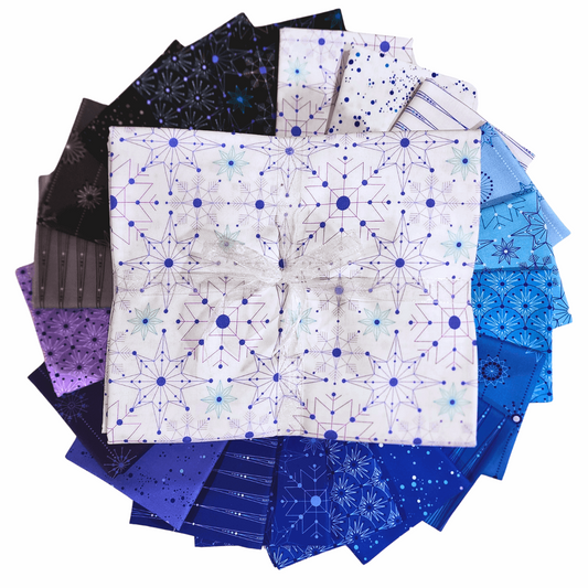 Deco Frost One-Yard Bundle contains 20 hand-cut yards measuring approximately 36" x 44" in shades of aqua, blue, purple, grey, black, and white.