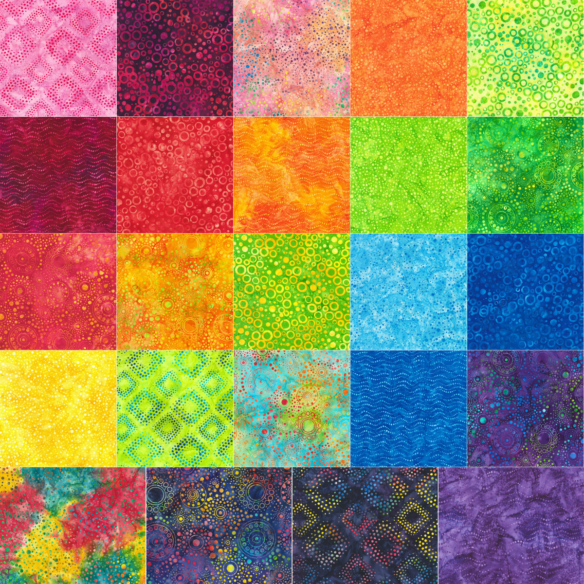 Dotted Artisan Batiks from Lunn Studios is a vibrant collection of hand-dyed fabrics saturated with dynamic and eye-catching colors. This rainbow extravaganza of dots, spots, circles, flecks, and speckles offers a unique opportunity to play with vibrant colors and textures.