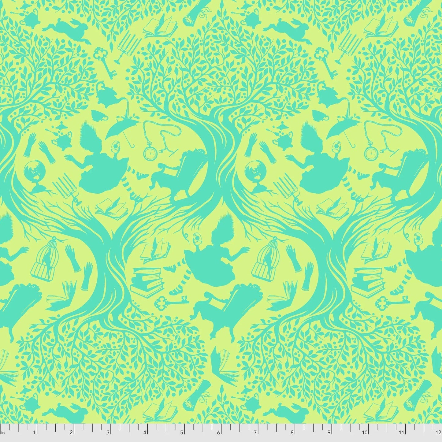 Patterned fabric with green and yellow toile design of Alice falling into Wonderland. Ruler for scale