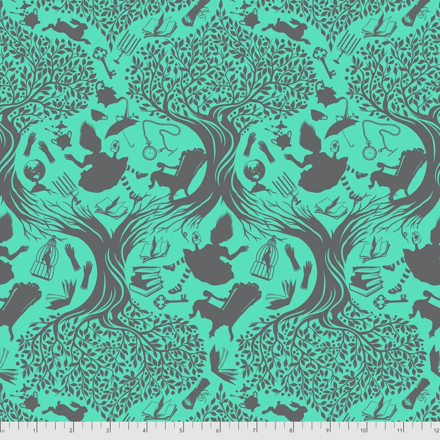 Patterned fabric with a teal toile design of Alice falling into Wonderland. Ruler for scale