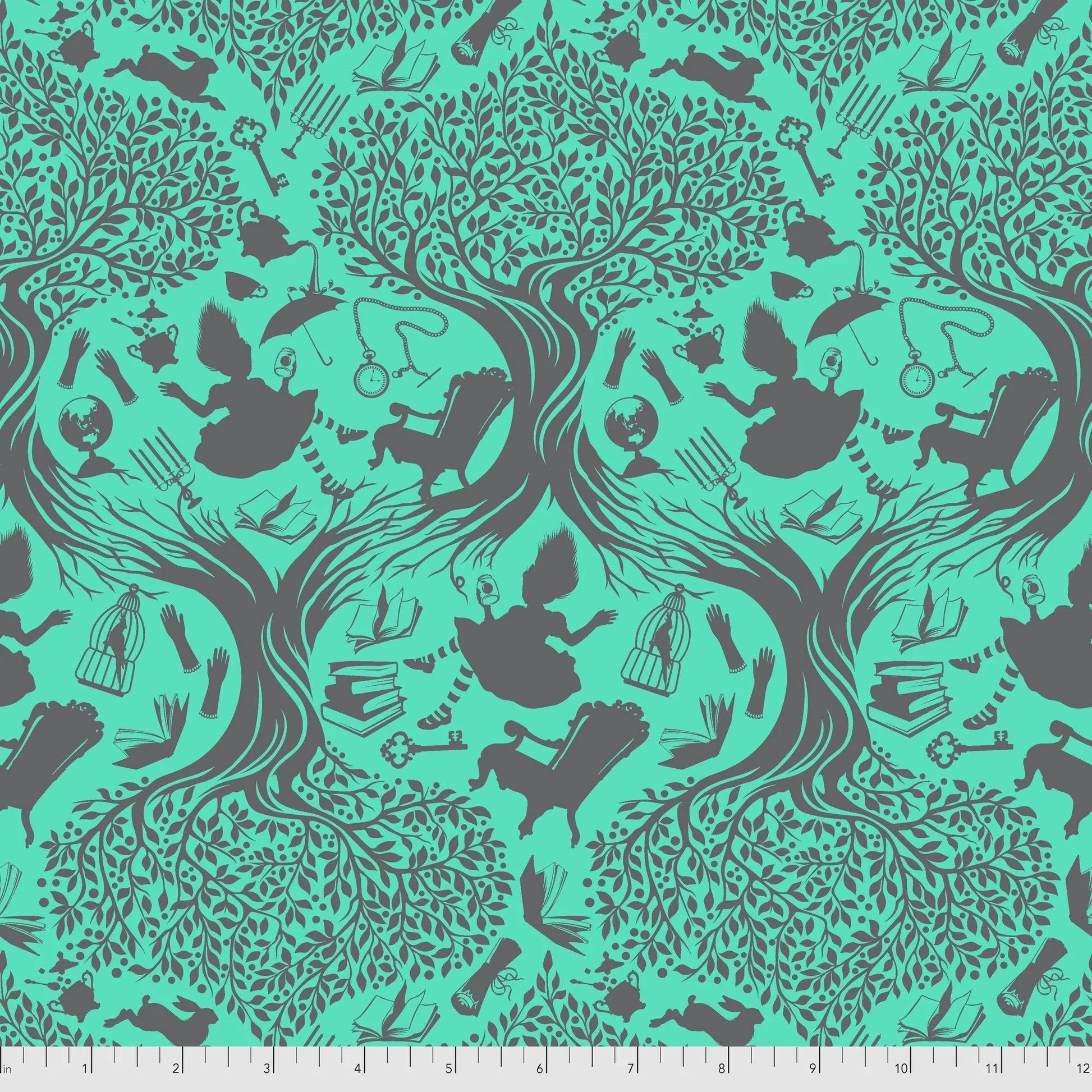 Patterned fabric with a teal toile design of Alice falling into Wonderland. Ruler for scale