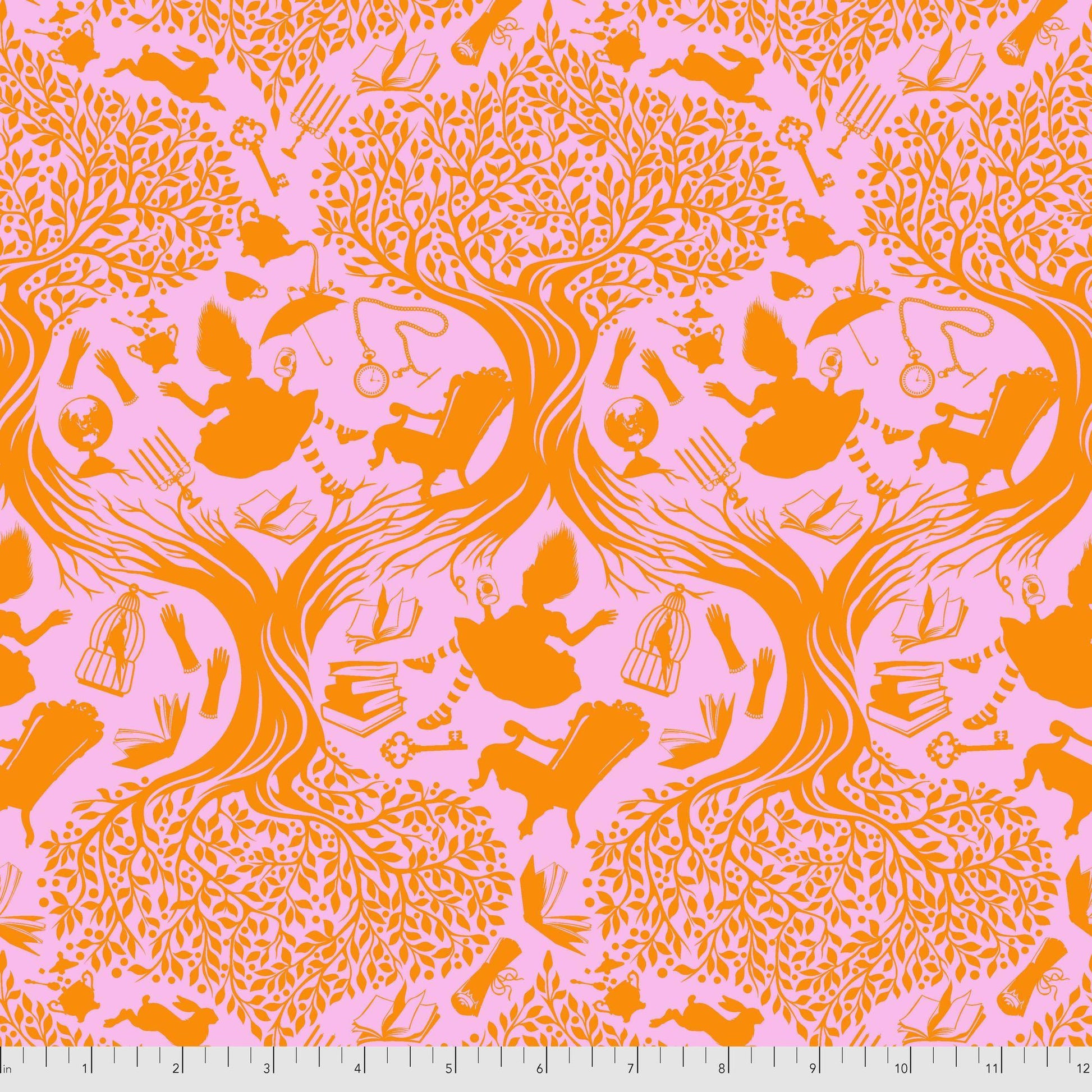 Patterned fabric with pink and orange toile design of Alice falling into Wonderland. Ruler for scale