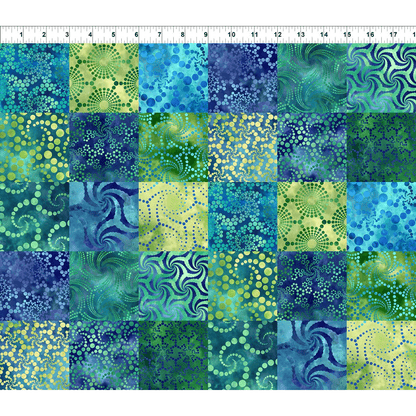 Elysian Patchwork in Blue features 3" squares of bright blue and green batik-inspired textures arranged in a faux patchwork design.