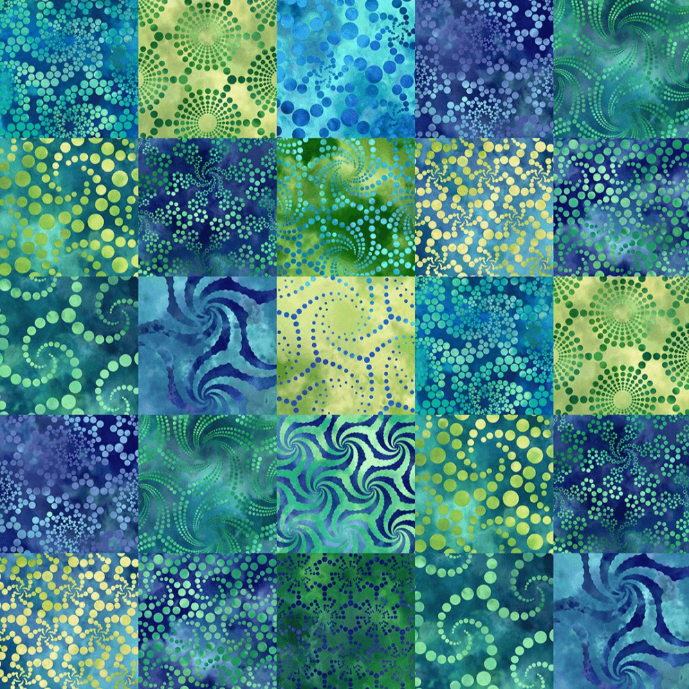 Elysian Patchwork in Blue features 3" squares of bright blue and green batik-inspired textures arranged in a faux patchwork design.