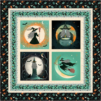 Four-panel quilt of witches with decorative borders and Halloween-themed elements.