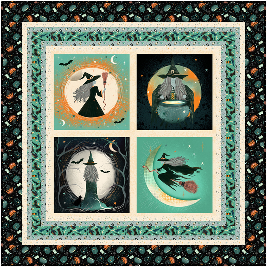 Four-panel quilt of witches with decorative borders and Halloween-themed elements.