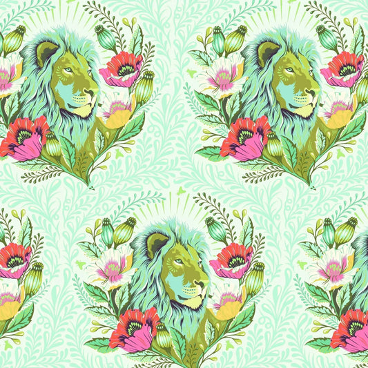 Pattern of lions and flowers on a light green background
