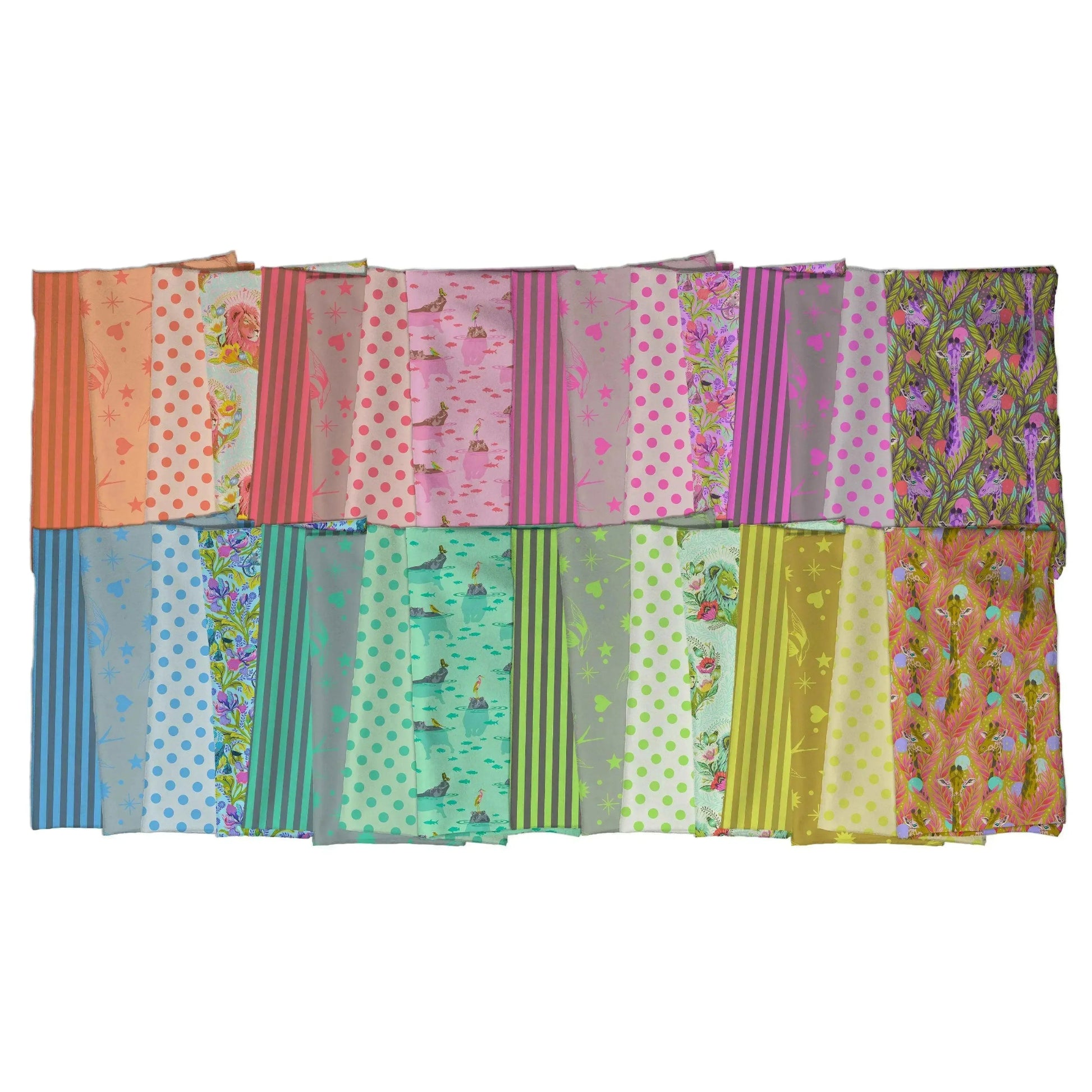 Colorful neon fabric squares laid out in 2 rows on a white background