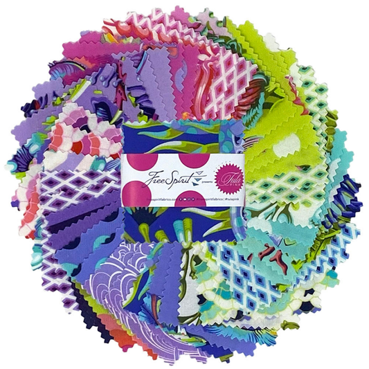 A fanned-out bundle of colorful fabric squares in vivid purples, greens, pinks, and blues, featuring aquatic and floral designs with a Mini Charm Pack in the center.