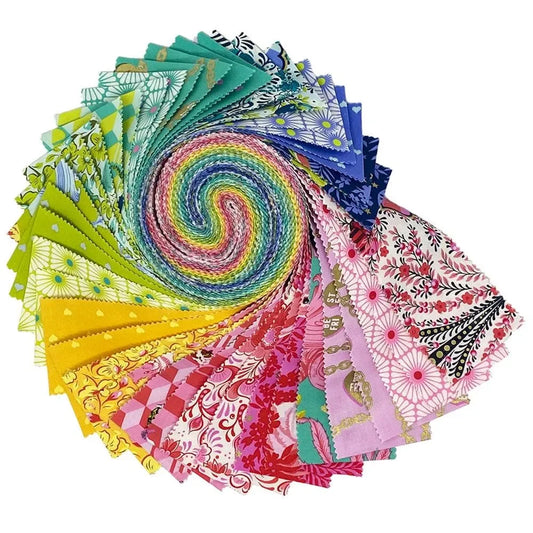 Collection of colorful fabric strips arranged in a circular pattern on a white background.