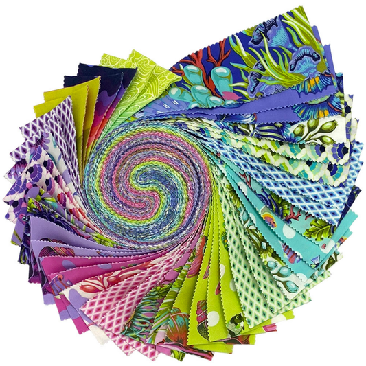 Collection of colorful fabric swatches arranged in a spiral pattern on a white background