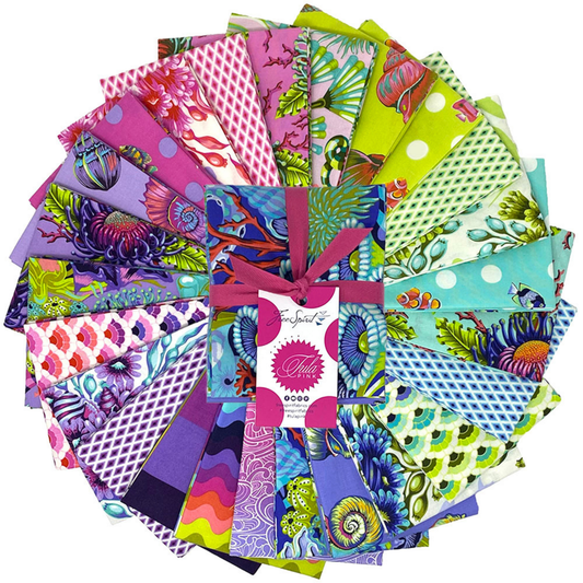 A fanned-out bundle of colorful fabric squares in pinks, lime-greens, blues, and purples, featuring floral and aquatic motifs.