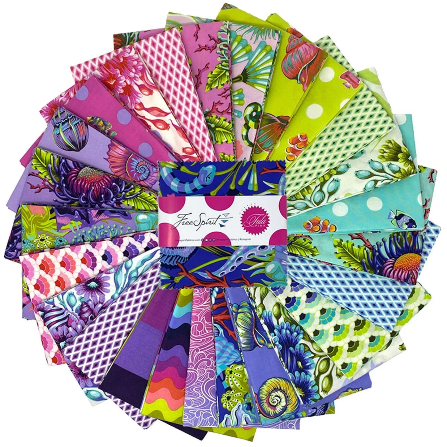 A fanned-out bundle of colorful fabric squares in vivid purples, greens, pinks, and blues, featuring aquatic and floral designs with a Charm Pack in the center.