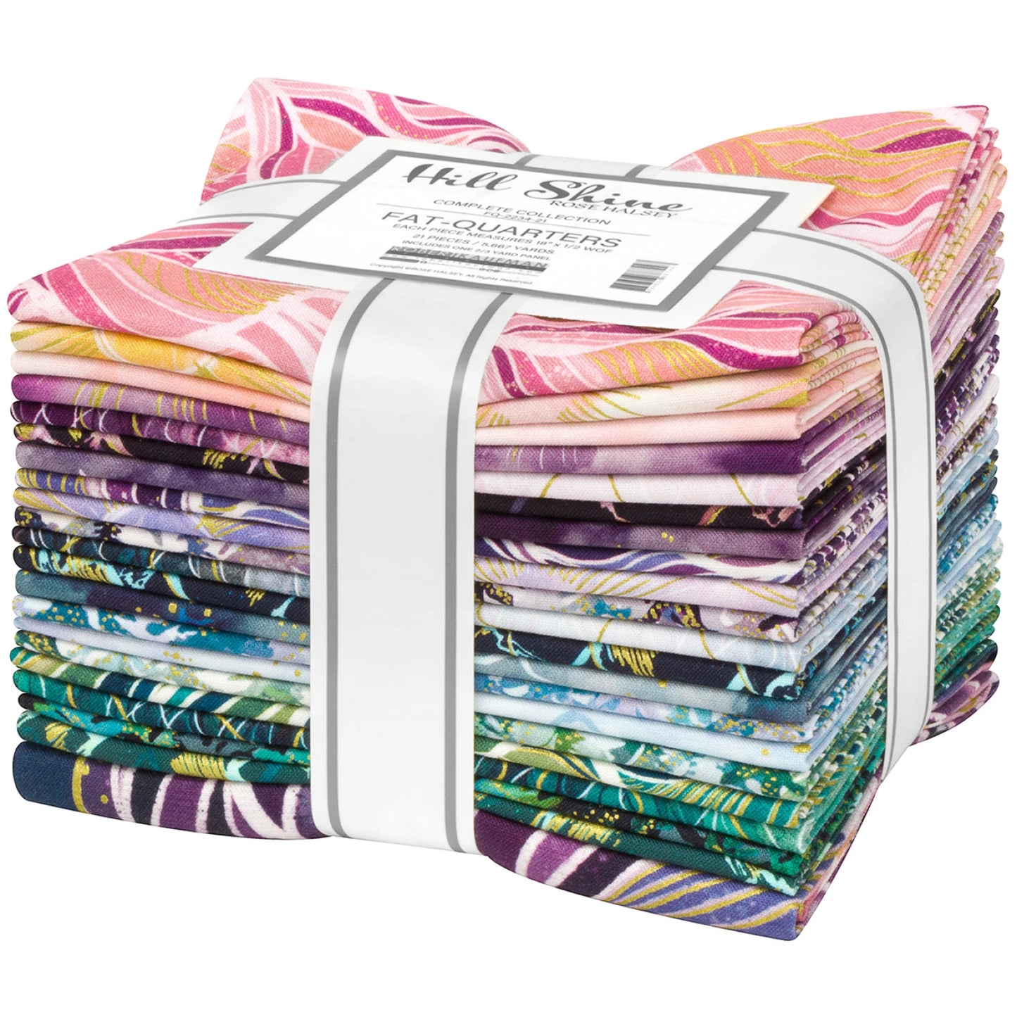 Stack of colorful fabric fat quarters with 'Hill Shine' label on a white background