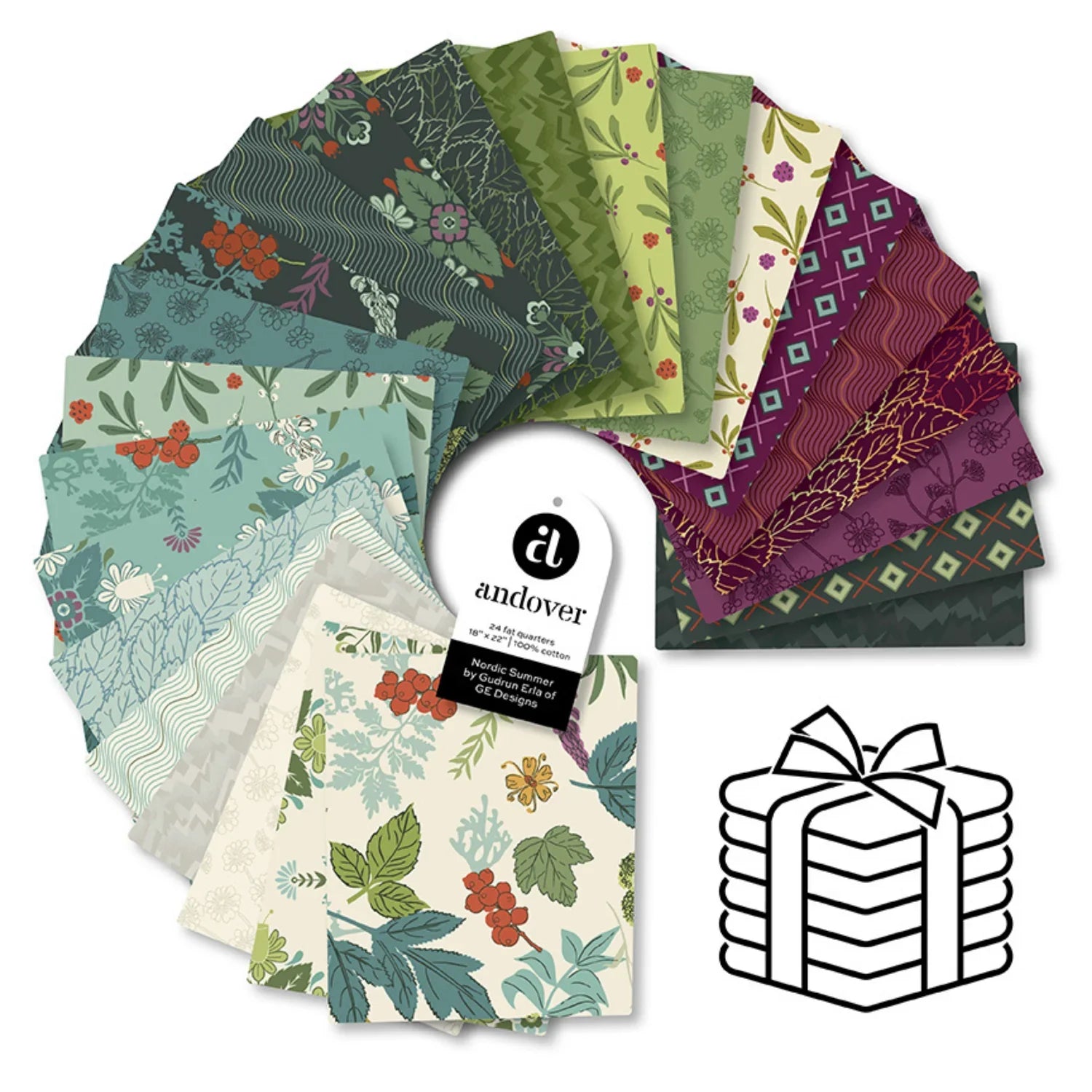 A fanned-out display of 24 different floral and botanical fabric squares in various colors, including green, blue, purple, and cream.