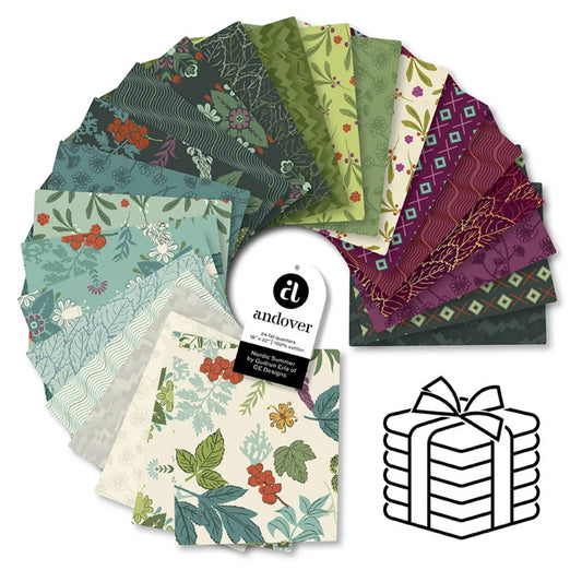 A fanned-out display of 24 different floral and botanical fabric squares in various colors, including green, blue, purple, and cream.