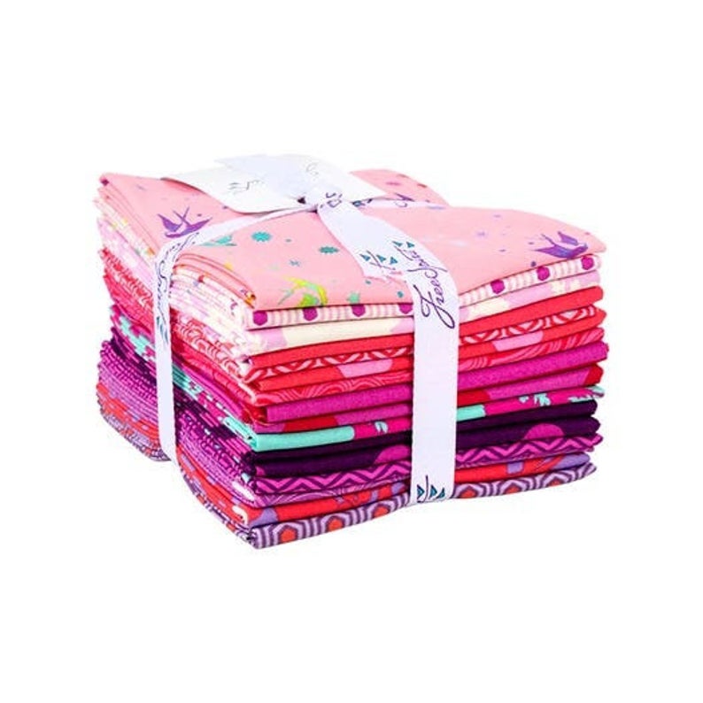 This gorgeous bundle features dramatic shades of pink and purple and is comprised of fabric from both Tula Pink's True Colors collection as well as her companion Pom Poms & Tent Stripes.