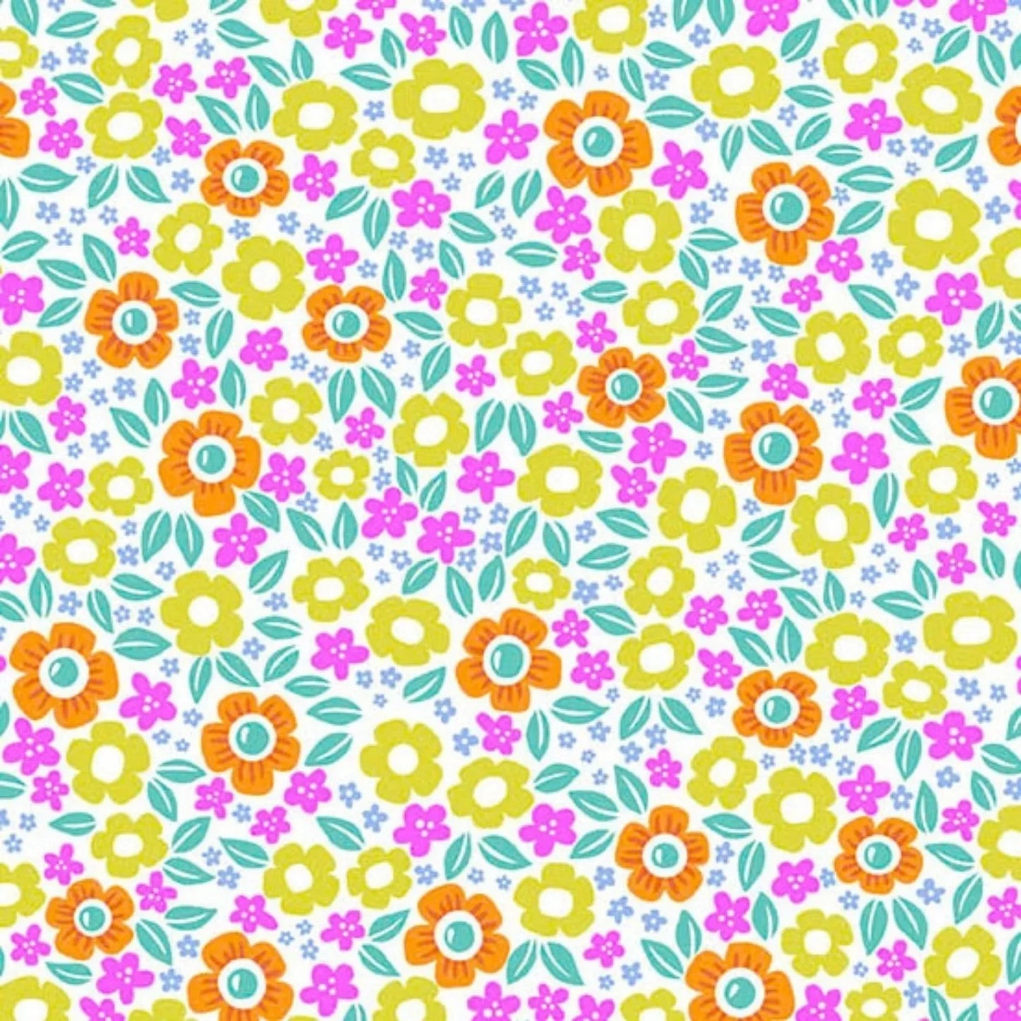 Orange, lime-green, magenta, and teal flowers on a white background