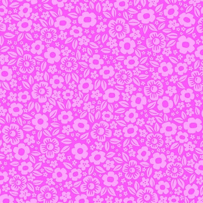 Pattern of dense pink cartoon flowers on a magenta background