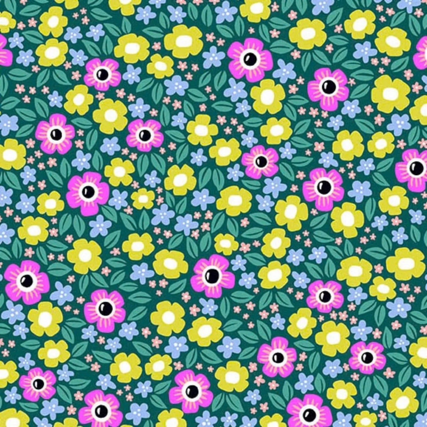 Colorful floral pattern with black and white eyeballs in the centers of pink, green, and blue flowers on a teal background.