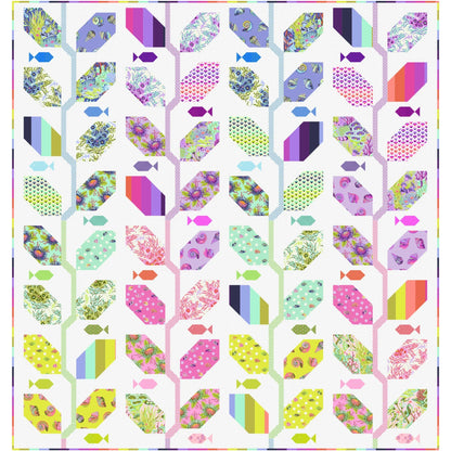A digital quilt layout mockup showing the full Floral Reef pattern in the Marine Meadows collection, featuring rows of elongated hexagon leaf blocks and small pieced fish blocks across a full spectrum of prints and colorways on a white background with a multicolored striped border.