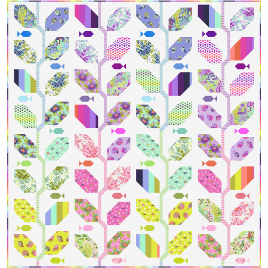 A digital quilt layout mockup showing the full Floral Reef pattern in the Marine Meadows collection, featuring rows of elongated hexagon leaf blocks and small pieced fish blocks across a full spectrum of prints and colorways on a white background with a multicolored striped border.