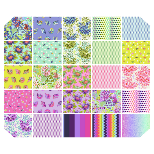 Collection of colorful floral and aquatic themed fabric swatches arranged in a grid.