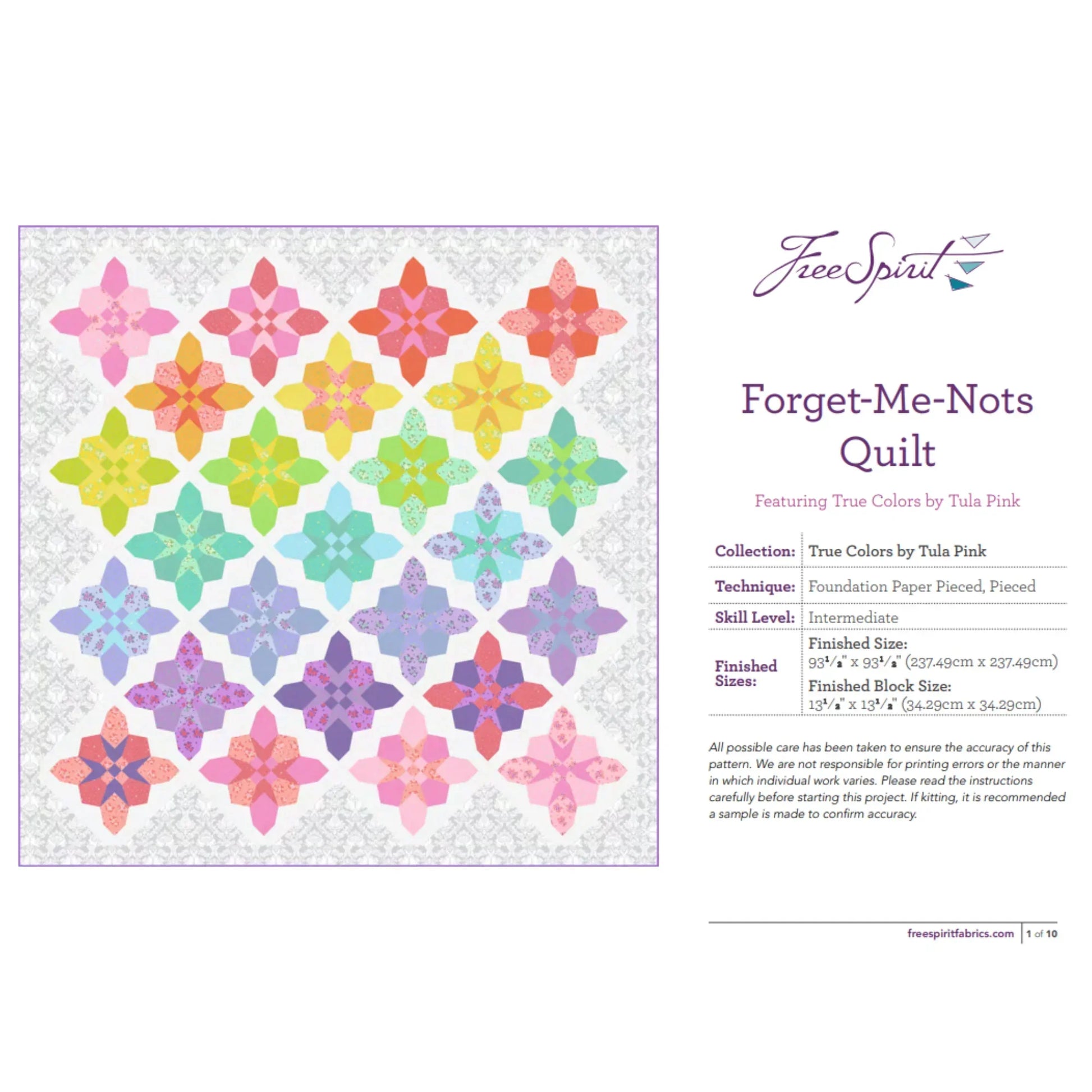 Colorful quilt pattern with 'Forget-Me-Nots' design on a white background, featuring the FreeSpirit brand.