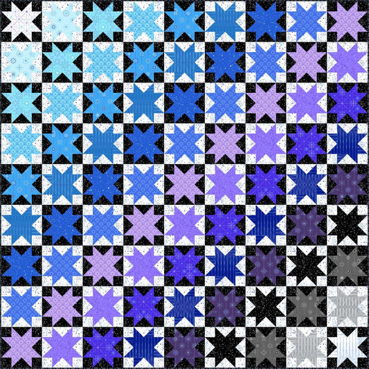 The Frosted Quilt Kit features Evening Star blocks made from snowflakes and ice crystals on soft blue, purple, and neutral grey fabrics. The diagonal color shifts create movement within the design of this lovely throw-size quilt. 