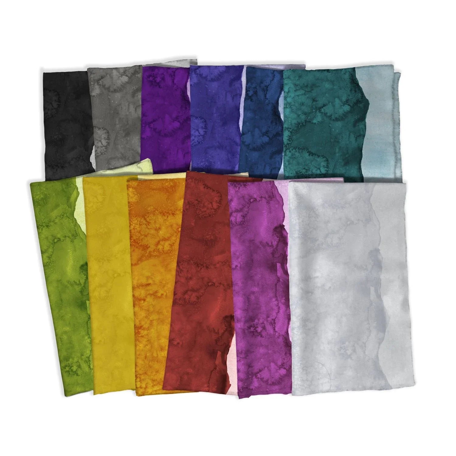 A set of folded fabric squares with a marbled texture arranged in two overlapping rows on a plain white background. The fabrics include black, gray, purple, blue, teal, light blue, olive green, mustard yellow, orange, red, magenta, and white.