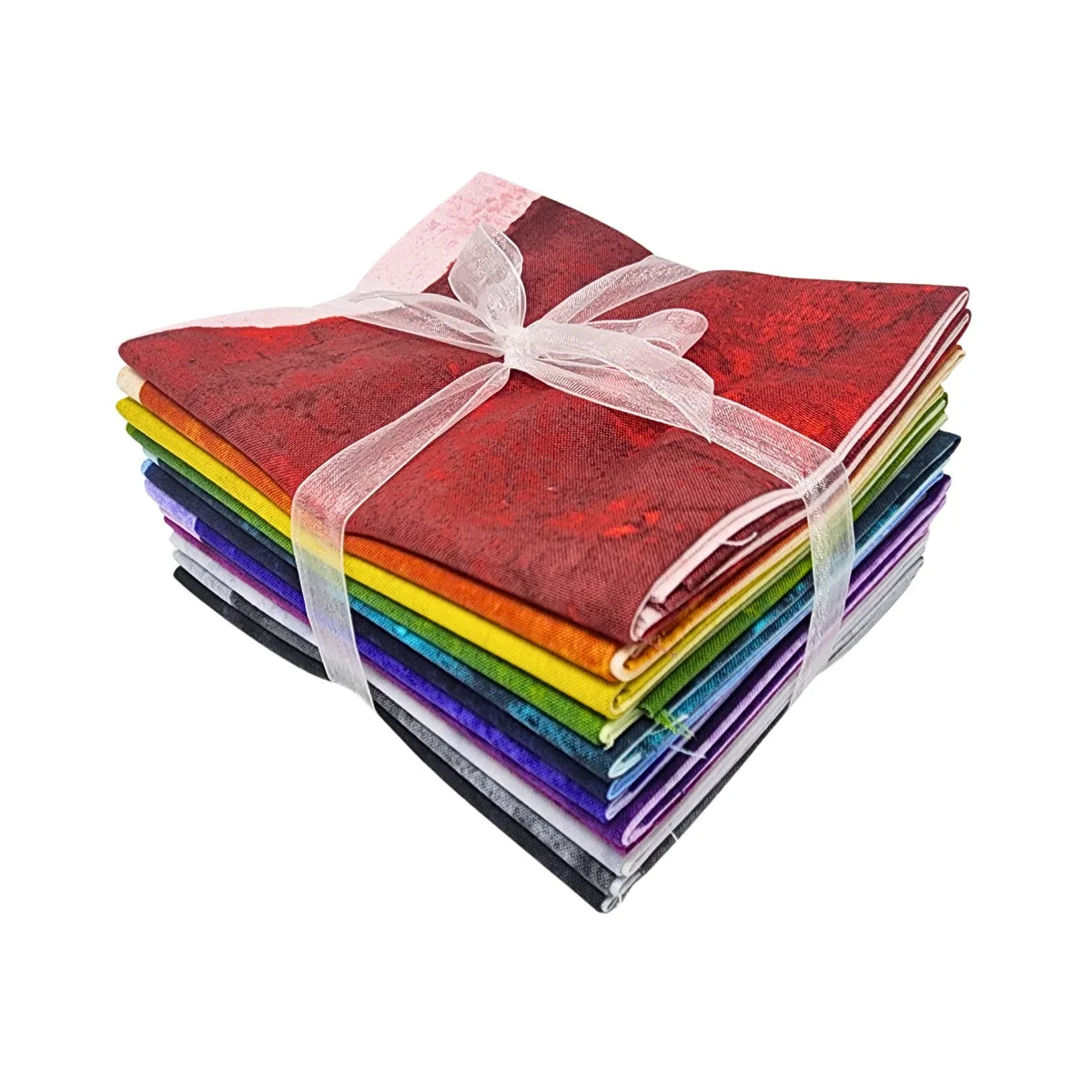A stack of colorful square fabric pieces tied together with a sheer white ribbon, shown on a plain white background.