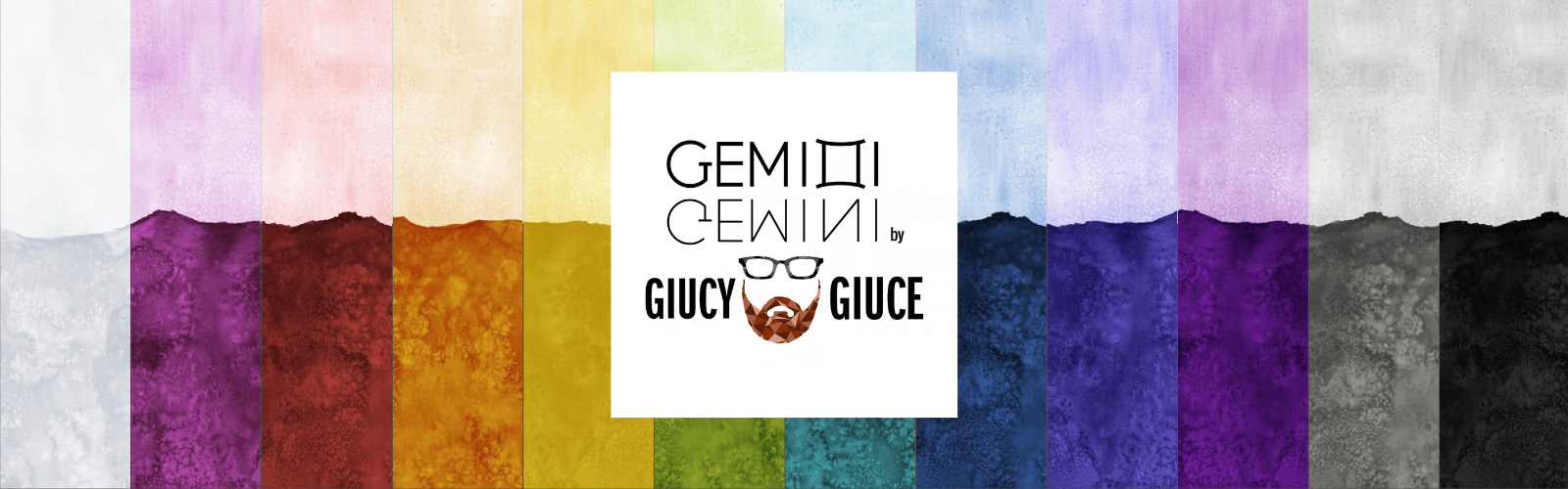 A square graphic with a central white card reading 'GEMINI by GIUCY GIUCE' over a vertical watercolor rainbow-stripe background.
