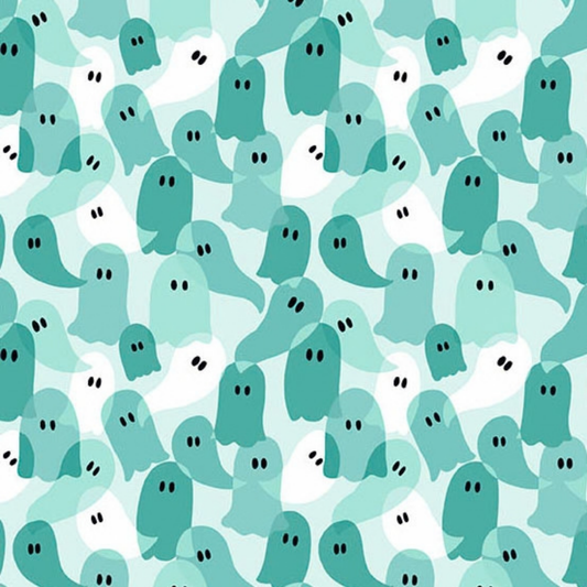 Pattern of teal ghosts on a light blue background
