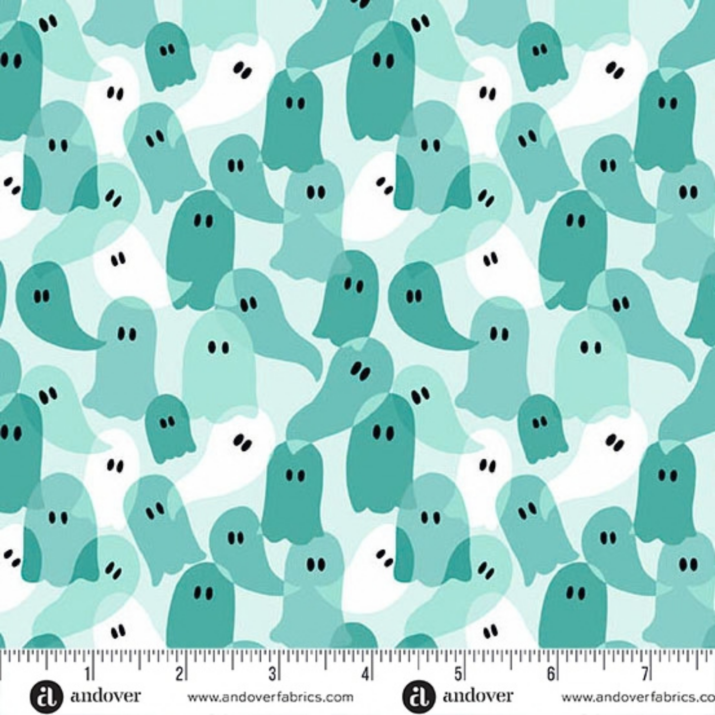 Pattern of teal ghosts on a light blue background with a ruler at the bottom for scale.