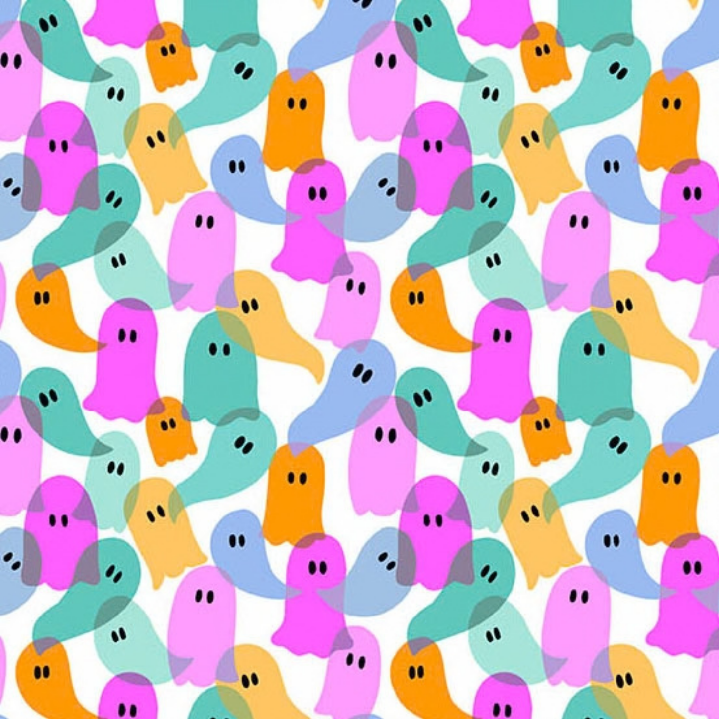 Pattern of colorful ghosts on a white background