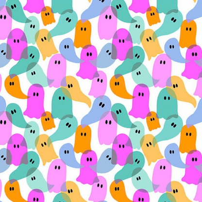 Pattern of colorful ghosts on a white background