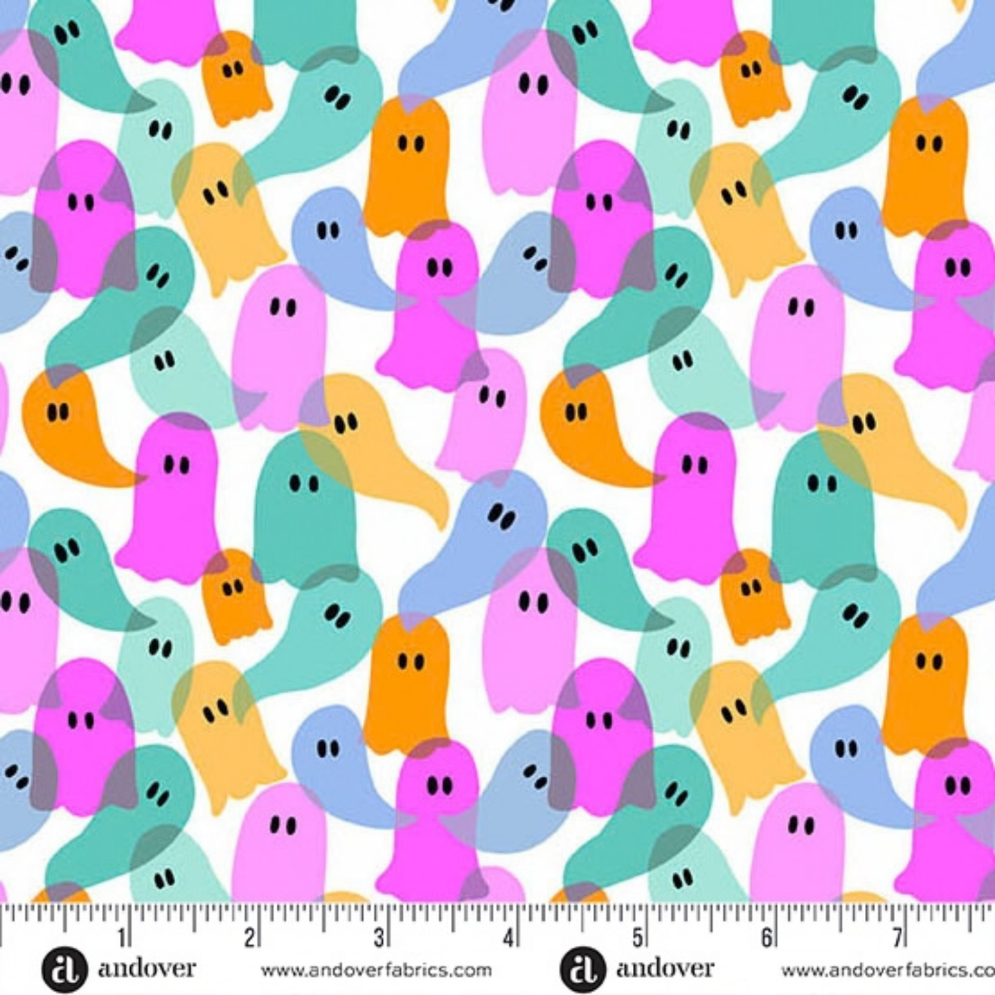 Pattern of colorful ghosts on a white background with a ruler for scale
