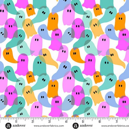 Pattern of colorful ghosts on a white background with a ruler for scale