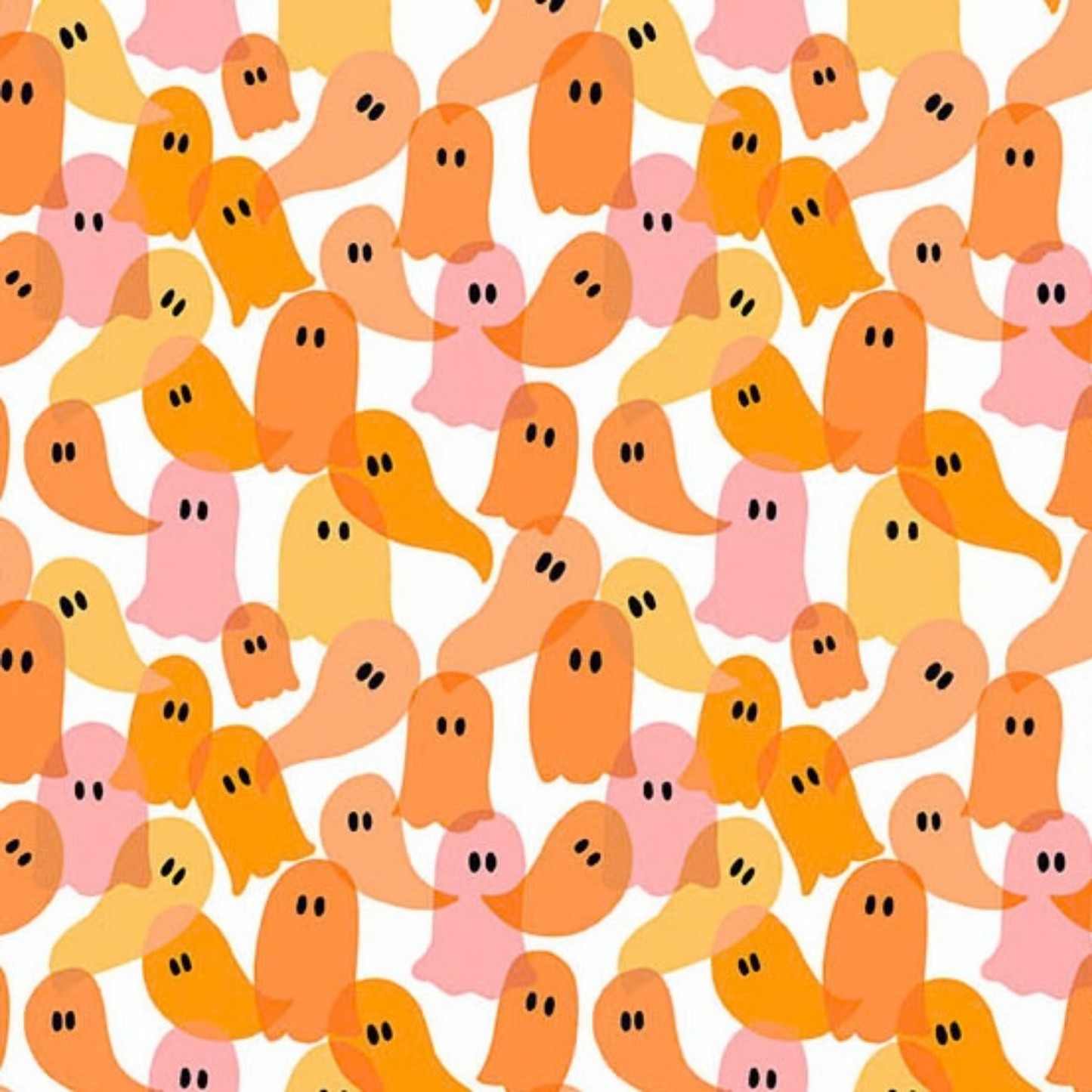 Pattern of colorful orange and peach ghosts on a white background
