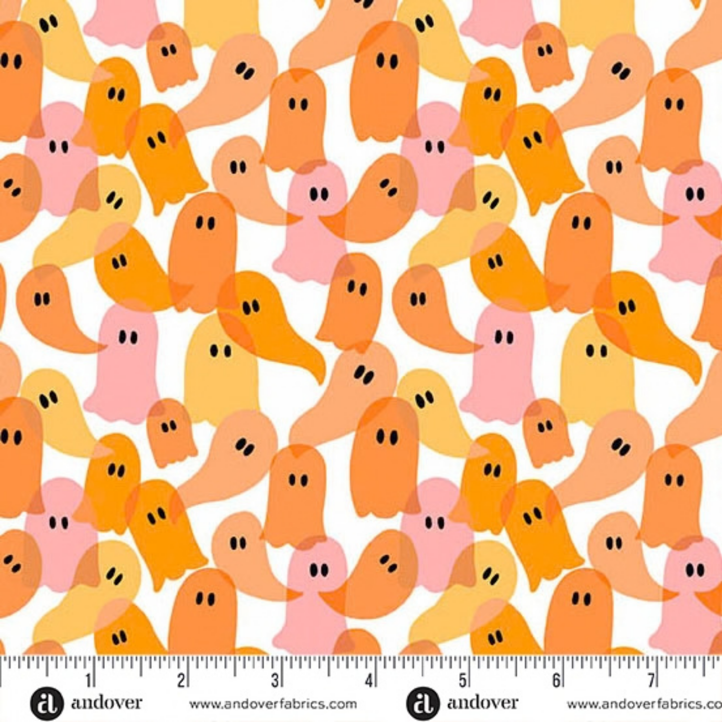Pattern of colorful orange and peach ghosts on a white background with a ruler for scale