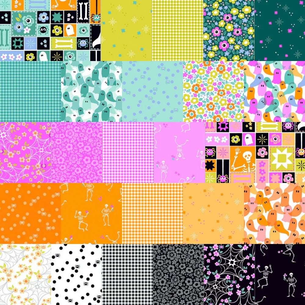 Grid of various brightly colored Halloween fabric swatches