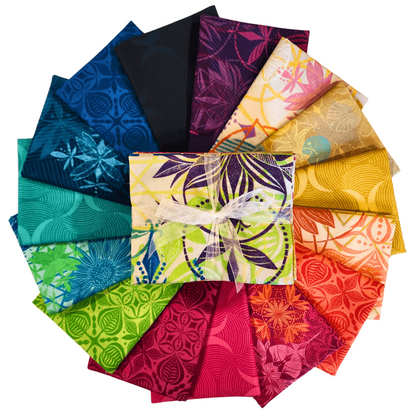 Grace Fat Quarter Bundle contains 15 hand-cut fat quarters measuring approximately 18" x 21" featuring stylized lotus flowers, tranquil tiles, and an ogee print reminiscent of a zen garden in shades of pink, turquoise, gold, navy, and purple.